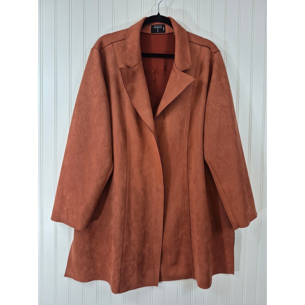 Tahari Woman Rust Brown Faux Suede Open Front Duster Jacket Plus Size 2X TTG